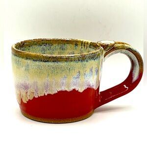 Handmade Studio Art Pottery Short Red Cream Glazed Ceramic Coffee Tea Mug 2.5 in